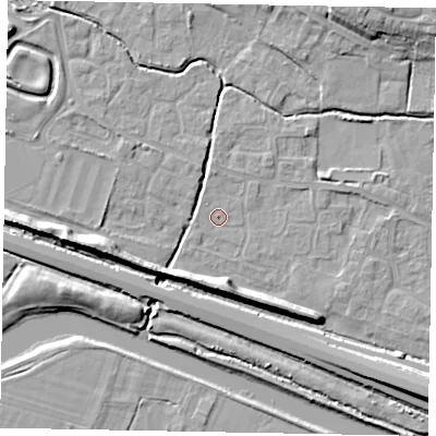Shaded relief map of the ground around SL19JL, computed from Environment Agency LiDAR. The ground here sits at about 21 m above sea level and falls 12 m across the surrounding 800 m. Surface water reaching this point runs off ground lying to the north-east, 1.4 m higher.