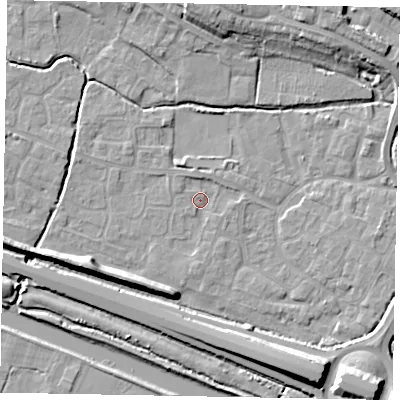 Shaded relief map of the ground around SL19JX, computed from Environment Agency LiDAR. The ground here sits at about 21 m above sea level and falls 14 m across the surrounding 800 m. Surface water reaching this point runs off ground lying to the north-north-west, 1.5 m higher.