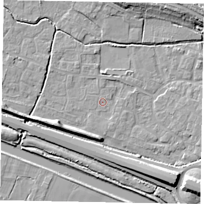 Shaded relief map of the ground around SL19JY, computed from Environment Agency LiDAR. The ground here sits at about 21 m above sea level and falls 13 m across the surrounding 800 m. Surface water reaching this point runs off ground lying to the north-north-east, 1.2 m higher.