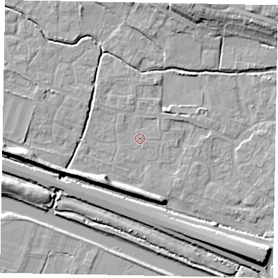 Shaded relief map of the ground around SL19JZ, computed from Environment Agency LiDAR. The ground here sits at about 21 m above sea level and falls 13 m across the surrounding 800 m. Surface water reaching this point runs off ground lying to the south-south-east, 0.6 m higher.