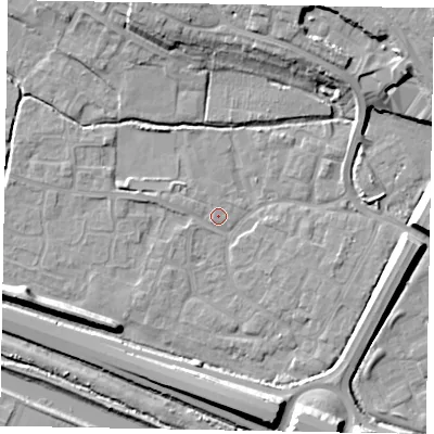 Shaded relief map of the ground around SL19LB, computed from Environment Agency LiDAR. The ground here sits at about 21 m above sea level and falls 12 m across the surrounding 800 m. Surface water reaching this point runs off ground lying to the west-north-west, 1.0 m higher.