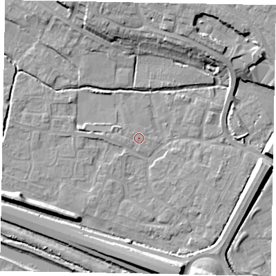 Shaded relief map of the ground around SL19LD, computed from Environment Agency LiDAR. The ground here sits at about 21 m above sea level and falls 12 m across the surrounding 800 m. Surface water reaching this point runs off ground lying to the west, 0.6 m higher.