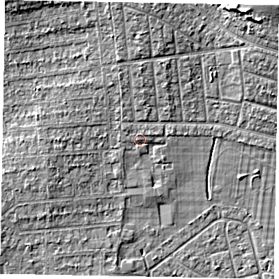 Shaded relief map of the ground around SL21BG, computed from Environment Agency LiDAR. The ground here sits at about 32 m above sea level and falls 9 m across the surrounding 800 m. Surface water reaching this point runs off ground lying to the north-north-west, 2.0 m higher.
