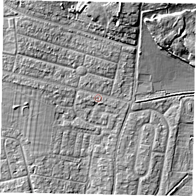 Shaded relief map of the ground around SL21JP, computed from Environment Agency LiDAR. The ground here sits at about 31 m above sea level and falls 12 m across the surrounding 800 m. Surface water reaching this point runs off ground lying to the north-north-east, 9.8 m higher.