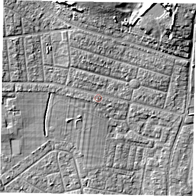 Shaded relief map of the ground around SL21JR, computed from Environment Agency LiDAR. The ground here sits at about 32 m above sea level and falls 13 m across the surrounding 800 m. Surface water reaching this point runs off ground lying to the north-west, 1.2 m higher.