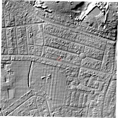 Shaded relief map of the ground around SL21JS, computed from Environment Agency LiDAR. The ground here sits at about 32 m above sea level and falls 13 m across the surrounding 800 m. Surface water reaching this point runs off ground lying to the north-west, 1.1 m higher.