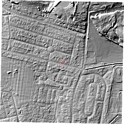 Shaded relief map of the ground around SL21JT, computed from Environment Agency LiDAR. The ground here sits at about 32 m above sea level and falls 13 m across the surrounding 800 m. Surface water reaching this point runs off ground lying to the north, 10.5 m higher.