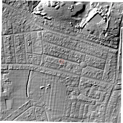 Shaded relief map of the ground around SL21LG, computed from Environment Agency LiDAR. The ground here sits at about 32 m above sea level and falls 13 m across the surrounding 800 m. Surface water reaching this point runs off ground lying to the north-north-west, 1.8 m higher.