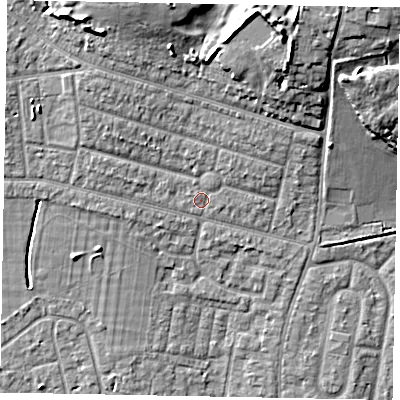 Shaded relief map of the ground around SL21LQ, computed from Environment Agency LiDAR. The ground here sits at about 32 m above sea level and falls 13 m across the surrounding 800 m. Surface water reaching this point runs off ground lying to the north-north-east, 10.6 m higher.