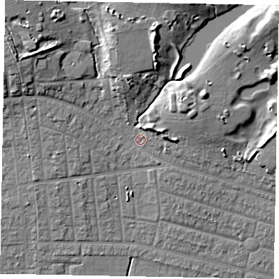 Shaded relief map of the ground around SL21LS, computed from Environment Agency LiDAR. The ground here sits at about 34 m above sea level and falls 14 m across the surrounding 800 m. Surface water reaching this point runs off ground lying to the north-east, 8.5 m higher.