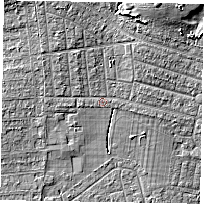 Shaded relief map of the ground around SL21NA, computed from Environment Agency LiDAR. The ground here sits at about 32 m above sea level and falls 11 m across the surrounding 800 m. Surface water reaching this point runs off ground lying to the north-west, 2.8 m higher.