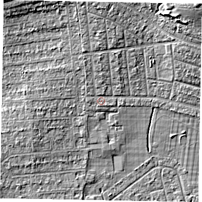Shaded relief map of the ground around SL21ND, computed from Environment Agency LiDAR. The ground here sits at about 33 m above sea level and falls 11 m across the surrounding 800 m. Surface water reaching this point runs off ground lying to the north, 2.0 m higher.