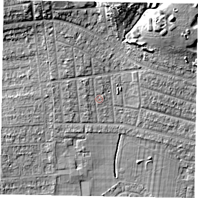 Shaded relief map of the ground around SL21NL, computed from Environment Agency LiDAR. The ground here sits at about 33 m above sea level and falls 12 m across the surrounding 800 m. Surface water reaching this point runs off ground lying to the north-west, 1.5 m higher.