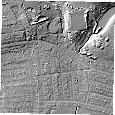 Shaded relief map of the ground around SL21NN, computed from Environment Agency LiDAR. The ground here sits at about 35 m above sea level and falls 13 m across the surrounding 800 m. Surface water reaching this point runs off ground lying to the west-north-west, 1.7 m higher.
