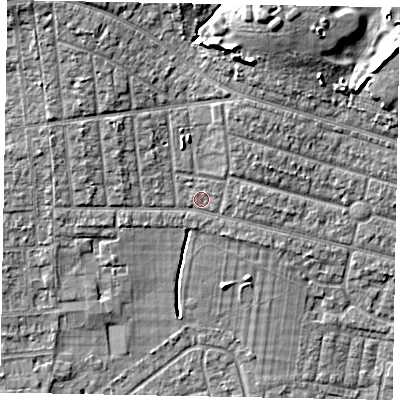 Shaded relief map of the ground around SL21NS, computed from Environment Agency LiDAR. The ground here sits at about 32 m above sea level and falls 12 m across the surrounding 800 m. Surface water reaching this point runs off ground lying to the north-north-east, 8.1 m higher.