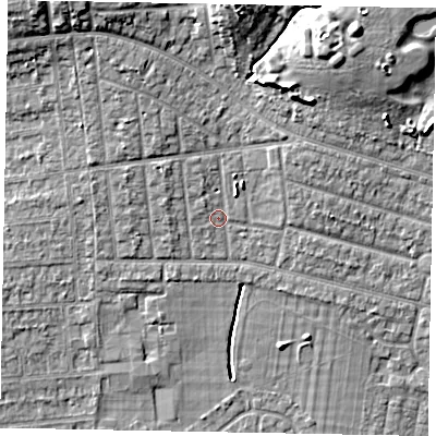Shaded relief map of the ground around SL21NT, computed from Environment Agency LiDAR. The ground here sits at about 32 m above sea level and falls 12 m across the surrounding 800 m. Surface water reaching this point runs off ground lying to the north-north-west, 1.7 m higher.
