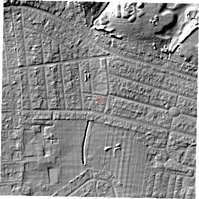 Shaded relief map of the ground around SL21NU, computed from Environment Agency LiDAR. The ground here sits at about 32 m above sea level and falls 12 m across the surrounding 800 m. Surface water reaching this point runs off ground lying to the north-north-east, 1.5 m higher.