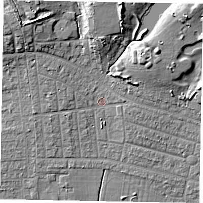 Shaded relief map of the ground around SL21NW, computed from Environment Agency LiDAR. The ground here sits at about 33 m above sea level and falls 13 m across the surrounding 800 m. Surface water reaching this point runs off ground lying to the north-north-east, 10.5 m higher.