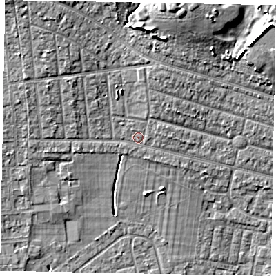 Shaded relief map of the ground around SL21NX, computed from Environment Agency LiDAR. The ground here sits at about 32 m above sea level and falls 12 m across the surrounding 800 m. Surface water reaching this point runs off ground lying to the north-north-east, 2.0 m higher.