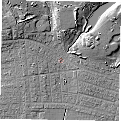Shaded relief map of the ground around SL21PA, computed from Environment Agency LiDAR. The ground here sits at about 34 m above sea level and falls 13 m across the surrounding 800 m. Surface water reaching this point runs off ground lying to the north-north-east, 10.5 m higher.