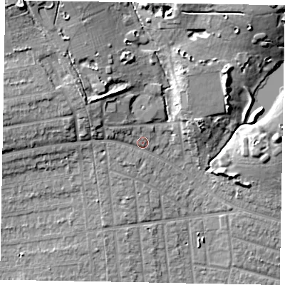 Shaded relief map of the ground around SL21PD, computed from Environment Agency LiDAR. The ground here sits at about 36 m above sea level and falls 17 m across the surrounding 800 m. Surface water reaching this point runs off ground lying to the north-west, 8.6 m higher.