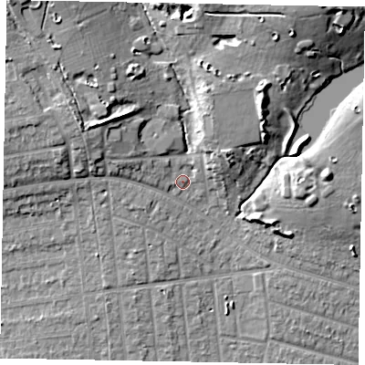 Shaded relief map of the ground around SL21PE, computed from Environment Agency LiDAR. The ground here sits at about 35 m above sea level and falls 17 m across the surrounding 800 m. Surface water reaching this point runs off ground lying to the north-north-east, 13.6 m higher.