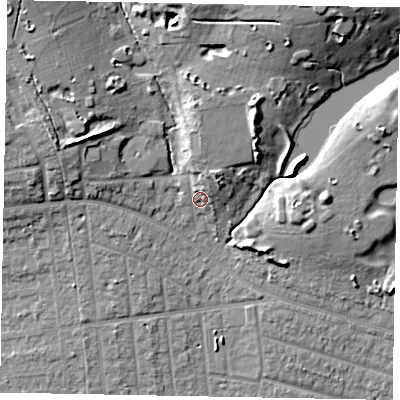 Shaded relief map of the ground around SL21PF, computed from Environment Agency LiDAR. The ground here sits at about 36 m above sea level and falls 17 m across the surrounding 800 m. Surface water reaching this point runs off ground lying to the north, 4.2 m higher.