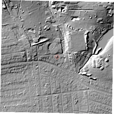 Shaded relief map of the ground around SL21PG, computed from Environment Agency LiDAR. The ground here sits at about 36 m above sea level and falls 17 m across the surrounding 800 m. Surface water reaching this point runs off ground lying to the west-north-west, 4.2 m higher.