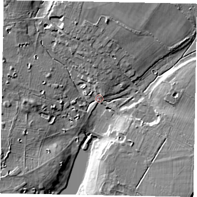 Shaded relief map of the ground around SL24PG, computed from Environment Agency LiDAR. The ground here sits at about 43 m above sea level and falls 11 m across the surrounding 800 m. Surface water reaching this point runs off ground lying to the north-north-west, 9.6 m higher.