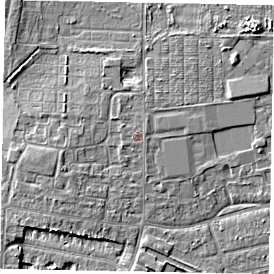 Shaded relief map of the ground around SL25AX, computed from Environment Agency LiDAR. The ground here sits at about 31 m above sea level and falls 8 m across the surrounding 800 m. The ground contributing surface water to this point lies to the north-north-west.