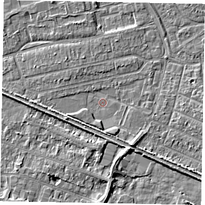 Shaded relief map of the ground around SL25FF, computed from Environment Agency LiDAR. The ground here sits at about 29 m above sea level and falls 7 m across the surrounding 800 m. Surface water reaching this point runs off ground lying to the south, 2.0 m higher.