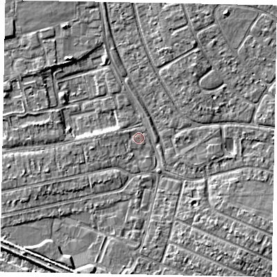 Shaded relief map of the ground around SL25HS, computed from Environment Agency LiDAR. The ground here sits at about 29 m above sea level and falls 4 m across the surrounding 800 m. Surface water reaching this point runs off ground lying to the west, 1.3 m higher.