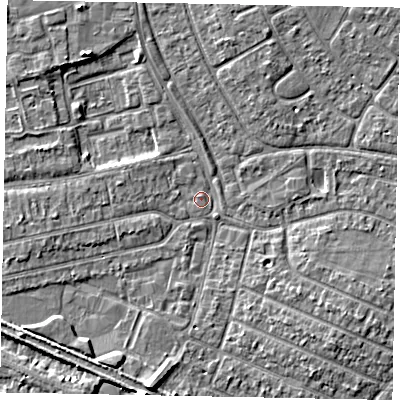 Shaded relief map of the ground around SL25HZ, computed from Environment Agency LiDAR. The ground here sits at about 29 m above sea level and falls 5 m across the surrounding 800 m. Surface water reaching this point runs off ground lying to the west-north-west, 1.3 m higher.