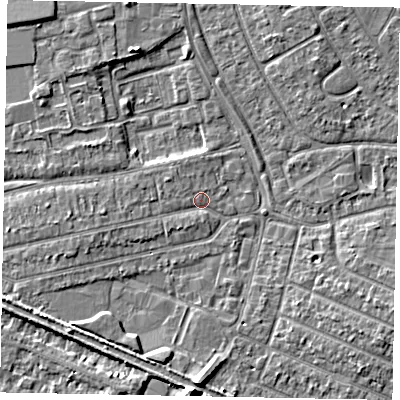 Shaded relief map of the ground around SL25JB, computed from Environment Agency LiDAR. The ground here sits at about 29 m above sea level and falls 5 m across the surrounding 800 m. Surface water reaching this point runs off ground lying to the west-south-west, 1.3 m higher.