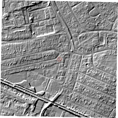 Shaded relief map of the ground around SL25JD, computed from Environment Agency LiDAR. The ground here sits at about 29 m above sea level and falls 5 m across the surrounding 800 m. Surface water reaching this point runs off ground lying to the west-south-west, 2.7 m higher.
