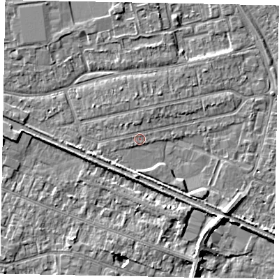 Shaded relief map of the ground around SL25JE, computed from Environment Agency LiDAR. The ground here sits at about 29 m above sea level and falls 7 m across the surrounding 800 m. Surface water reaching this point runs off ground lying to the north-north-west, 0.8 m higher.