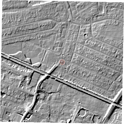 Shaded relief map of the ground around SL25JN, computed from Environment Agency LiDAR. The ground here sits at about 29 m above sea level and falls 8 m across the surrounding 800 m. Surface water reaching this point runs off ground lying to the south-west, 4.4 m higher.
