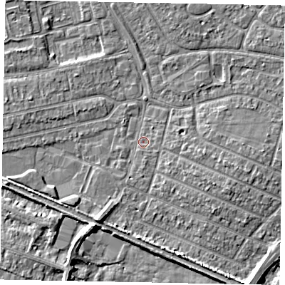 Shaded relief map of the ground around SL25JP, computed from Environment Agency LiDAR. The ground here sits at about 28 m above sea level and falls 6 m across the surrounding 800 m. Surface water reaching this point runs off ground lying to the south-south-west, 0.7 m higher.