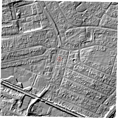 Shaded relief map of the ground around SL25JR, computed from Environment Agency LiDAR. The ground here sits at about 29 m above sea level and falls 6 m across the surrounding 800 m. Surface water reaching this point runs off ground lying to the south-south-west, 0.8 m higher.