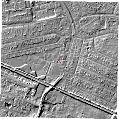 Shaded relief map of the ground around SL25JS, computed from Environment Agency LiDAR. The ground here sits at about 29 m above sea level and falls 7 m across the surrounding 800 m. Surface water reaching this point runs off ground lying to the east, 1.3 m higher.