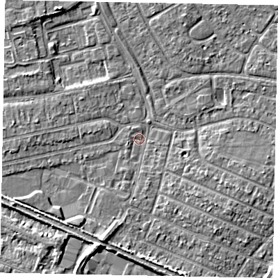 Shaded relief map of the ground around SL25JT, computed from Environment Agency LiDAR. The ground here sits at about 28 m above sea level and falls 5 m across the surrounding 800 m. Surface water reaching this point runs off ground lying to the south-west, 2.7 m higher.