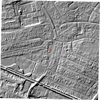 Shaded relief map of the ground around SL25JU, computed from Environment Agency LiDAR. The ground here sits at about 28 m above sea level and falls 6 m across the surrounding 800 m. Surface water reaching this point runs off ground lying to the south-west, 2.7 m higher.