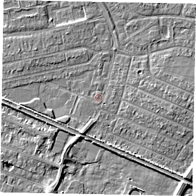 Shaded relief map of the ground around SL25JW, computed from Environment Agency LiDAR. The ground here sits at about 29 m above sea level and falls 7 m across the surrounding 800 m. Surface water reaching this point runs off ground lying to the east-north-east, 1.3 m higher.