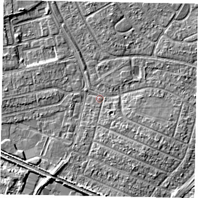 Shaded relief map of the ground around SL25JX, computed from Environment Agency LiDAR. The ground here sits at about 29 m above sea level and falls 5 m across the surrounding 800 m. Surface water reaching this point runs off ground lying to the south-west, 2.7 m higher.