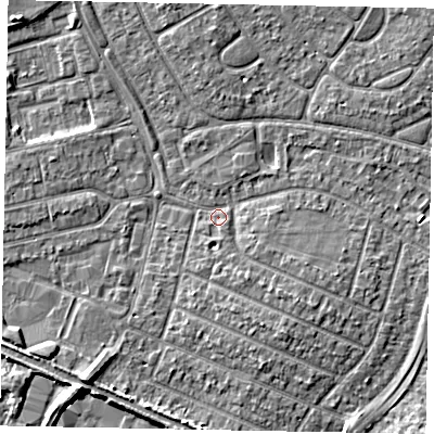Shaded relief map of the ground around SL25JY, computed from Environment Agency LiDAR. The ground here sits at about 29 m above sea level and falls 5 m across the surrounding 800 m. Surface water reaching this point runs off ground lying to the south-south-east, 2.5 m higher.