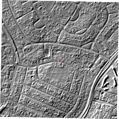 Shaded relief map of the ground around SL25JZ, computed from Environment Agency LiDAR. The ground here sits at about 28 m above sea level and falls 8 m across the surrounding 800 m. Surface water reaching this point runs off ground lying to the north-west, 3.0 m higher.