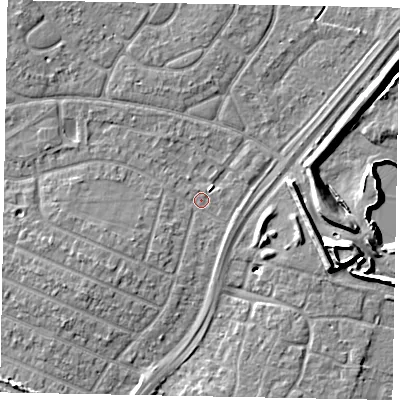 Shaded relief map of the ground around SL25LA, computed from Environment Agency LiDAR. The ground here sits at about 28 m above sea level and falls 11 m across the surrounding 800 m. Surface water reaching this point runs off ground lying to the north-west, 2.7 m higher.