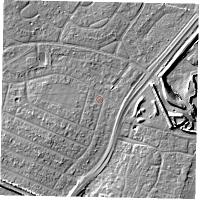 Shaded relief map of the ground around SL25LB, computed from Environment Agency LiDAR. The ground here sits at about 28 m above sea level and falls 11 m across the surrounding 800 m. Surface water reaching this point runs off ground lying to the west-south-west, 2.2 m higher.