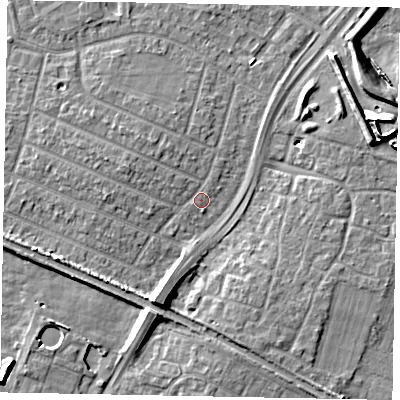 Shaded relief map of the ground around SL25LD, computed from Environment Agency LiDAR. The ground here sits at about 29 m above sea level and falls 11 m across the surrounding 800 m. Surface water reaching this point runs off ground lying to the west-south-west, 3.8 m higher.