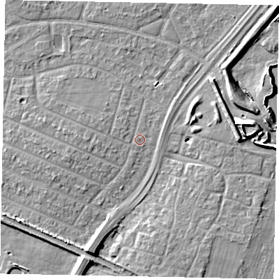 Shaded relief map of the ground around SL25LE, computed from Environment Agency LiDAR. The ground here sits at about 29 m above sea level and falls 11 m across the surrounding 800 m. Surface water reaching this point runs off ground lying to the west, 1.8 m higher.